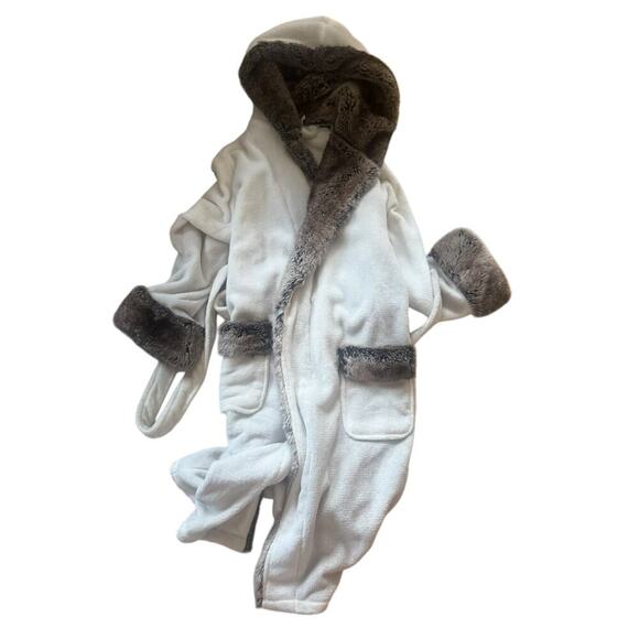 POTTERY BARN Faux Fur Gray Ombre Robe Medium Hooded Plush Cozycore Lounge Soft - Picture 4 of 8